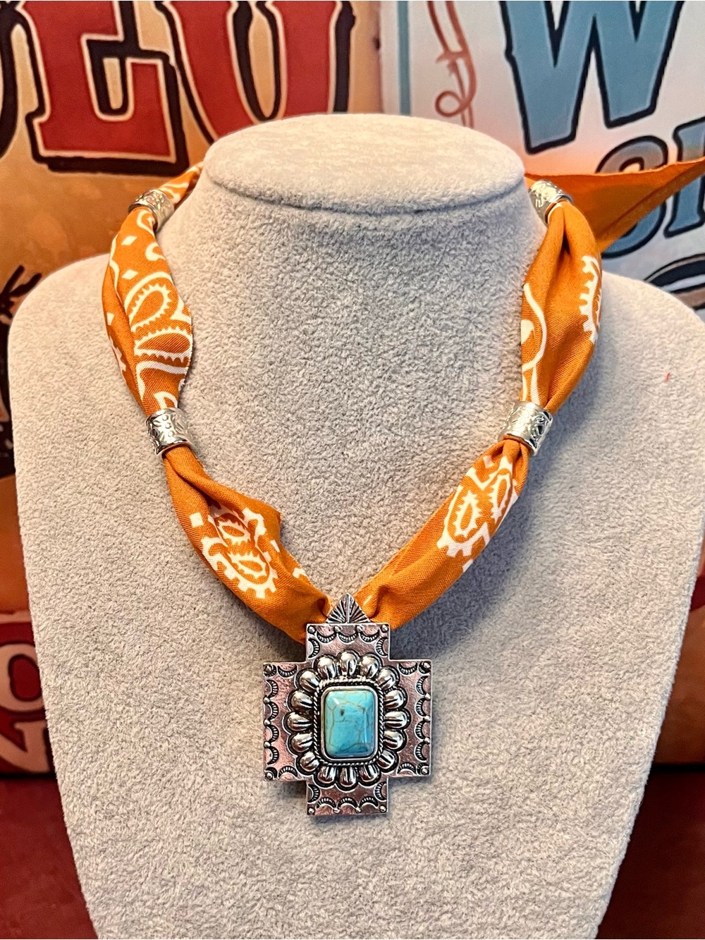 Turquoise Cross Pendant Necklace on a Premium Ginger Cotton Bandana